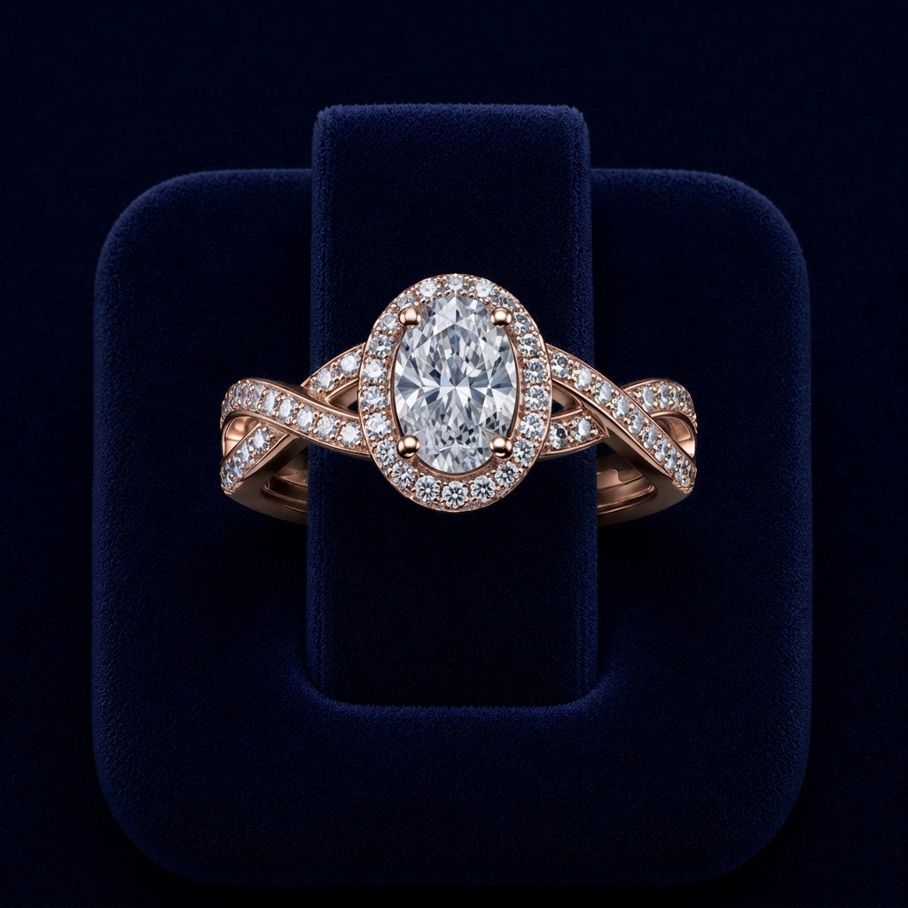 3 CT Oval-Cut VVS Moissanite Diamond Halo Engagement Ring By Shaped Jewelers