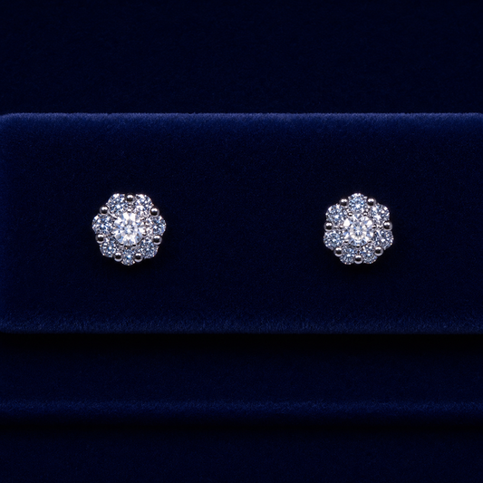 Flower Halo Solitaire Stud Earrings