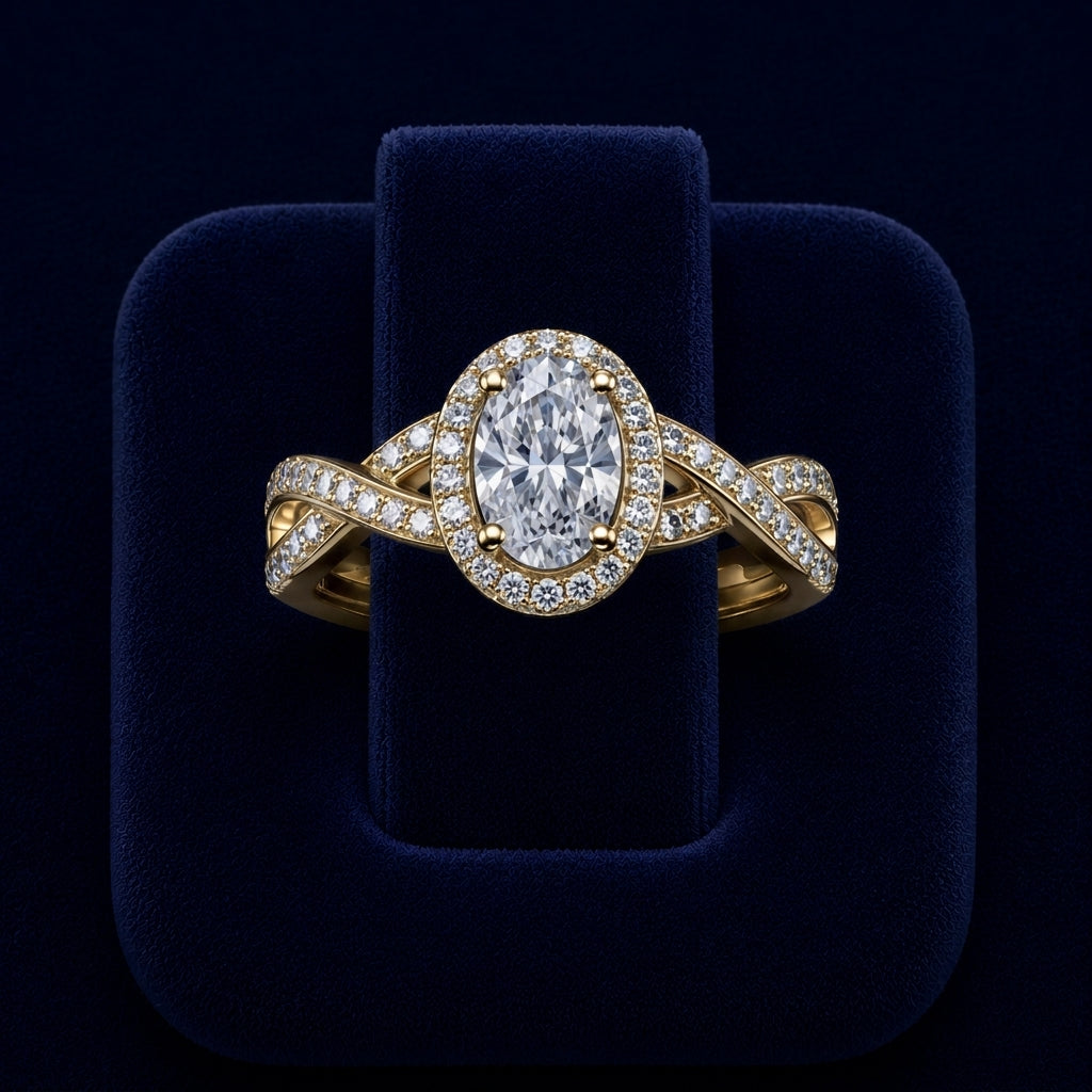 3 CT Oval-Cut VVS Moissanite Diamond Halo Engagement Ring By Shaped Jewelers