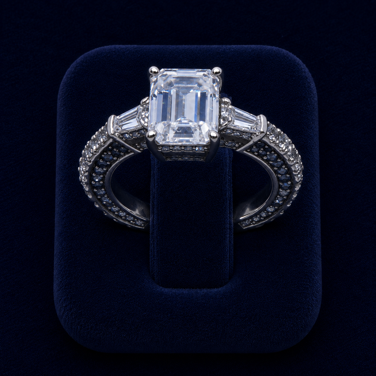 5 CT Emerald & Trapezoid-Cut VVS Moissanite Diamond Three-Stone Engagement Ring