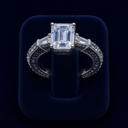 5 CT Emerald & Trapezoid-Cut VVS Moissanite Diamond Three-Stone Engagement Ring