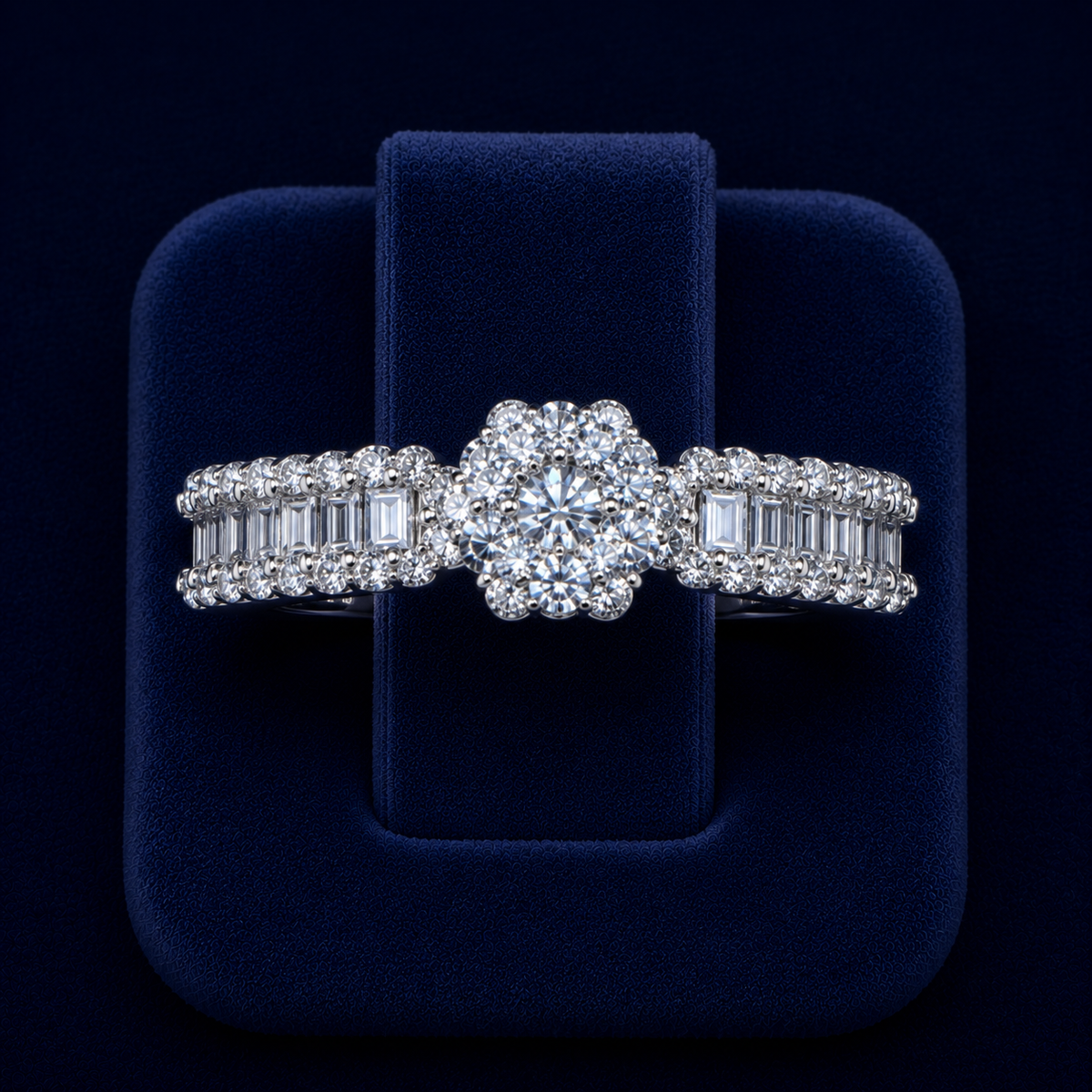 5 CT Round & Baguette-Cut VVS Moissanite Diamond Floral Halo Ring