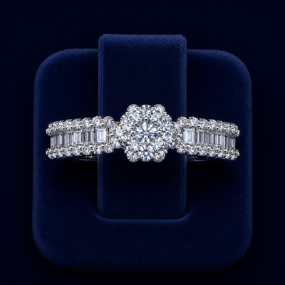 5 CT Round & Baguette-Cut VVS Moissanite Diamond Floral Halo Ring