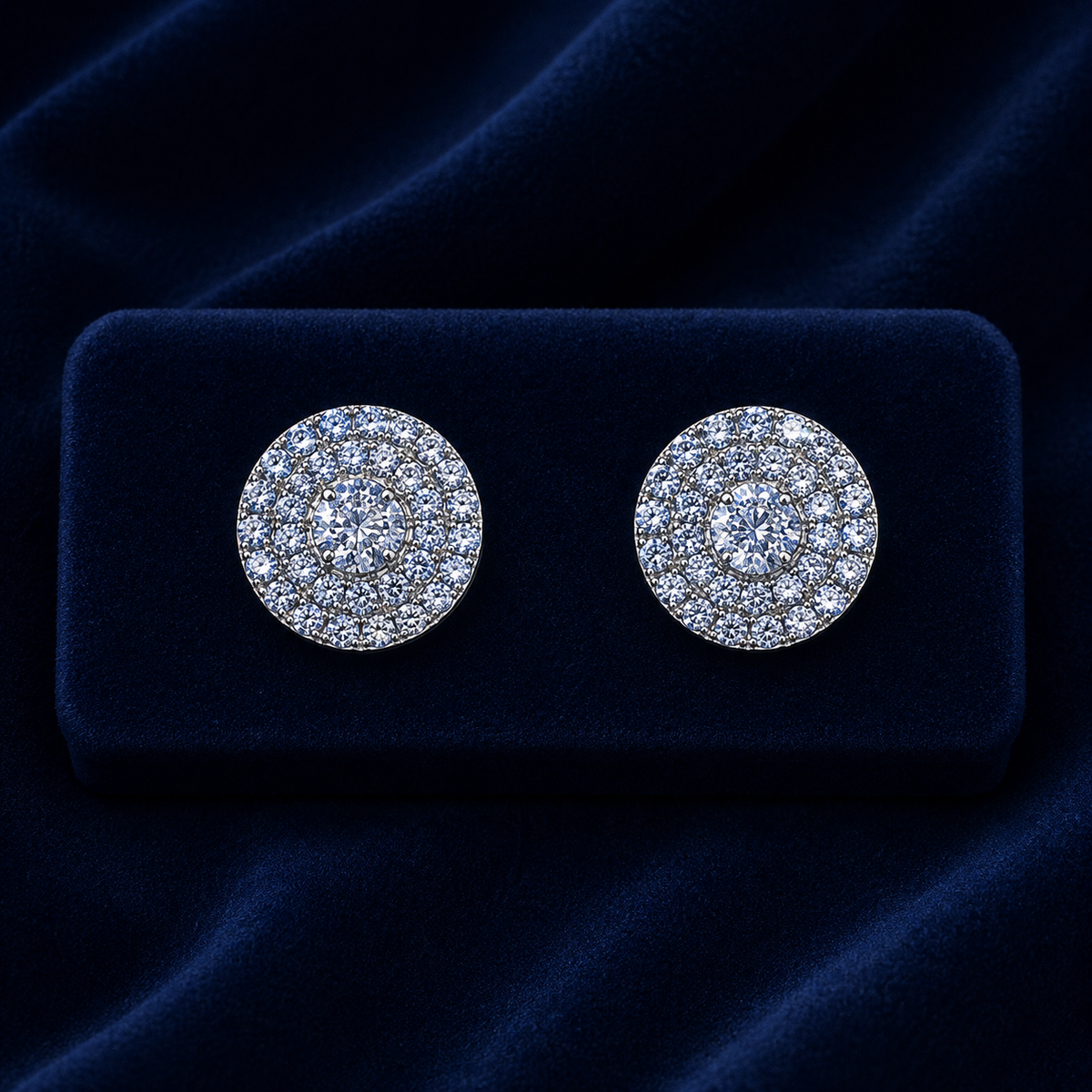 Double Halo Round Cluster Stud Earrings